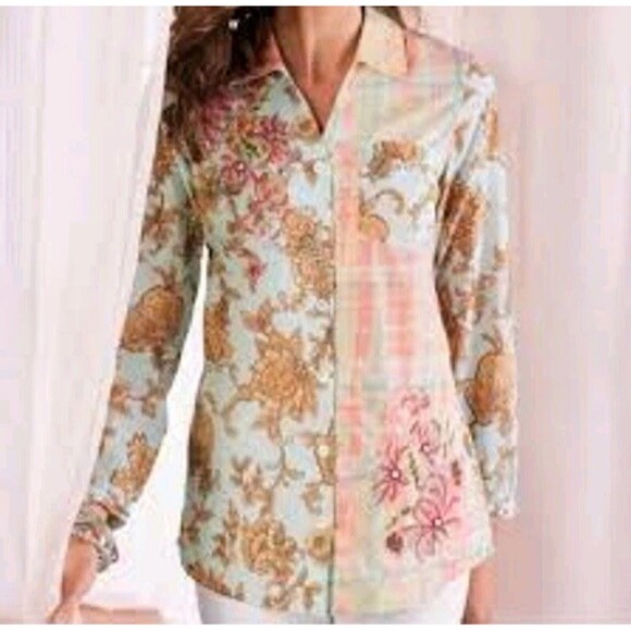 Soft Surroundings Size XL Descana Blouse Button Up Mixed Media Embellished - Picture 1 of 12